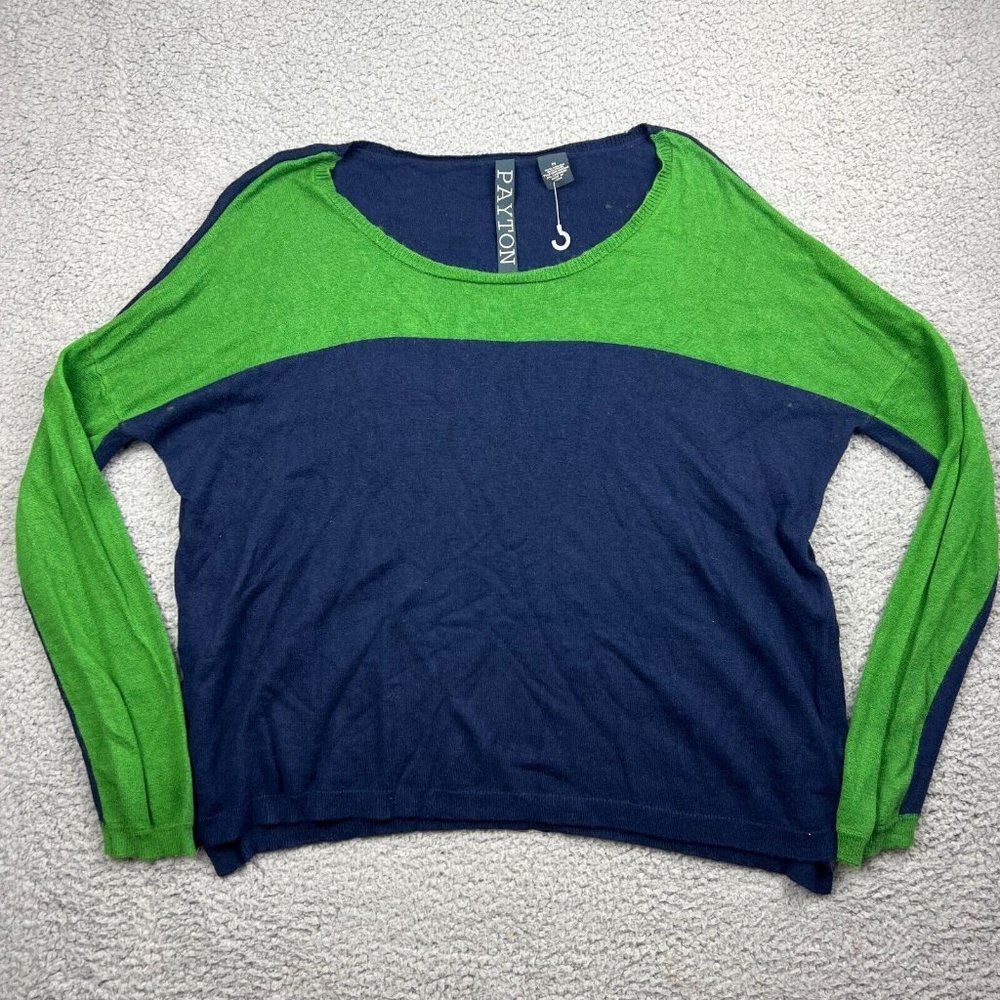 Payton Colorblock Navy Blue Green Viscose Blend Sweater Side Slits Size Medium